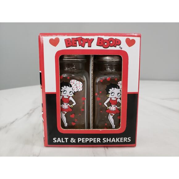 Betty‎ Boop Glass Salt and Pepper Shaker Set Metal Tops 2005 Vintage Pinup - Picture 1 of 3